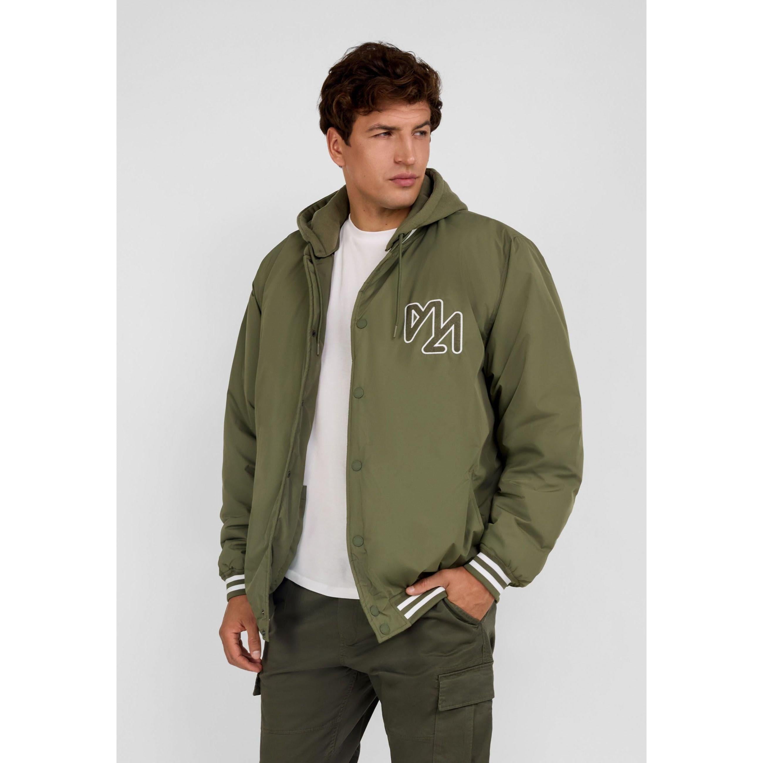 Men's khaki baseball jacket with detachable hood, white chest embroidery, and striped ribbed cuffs.