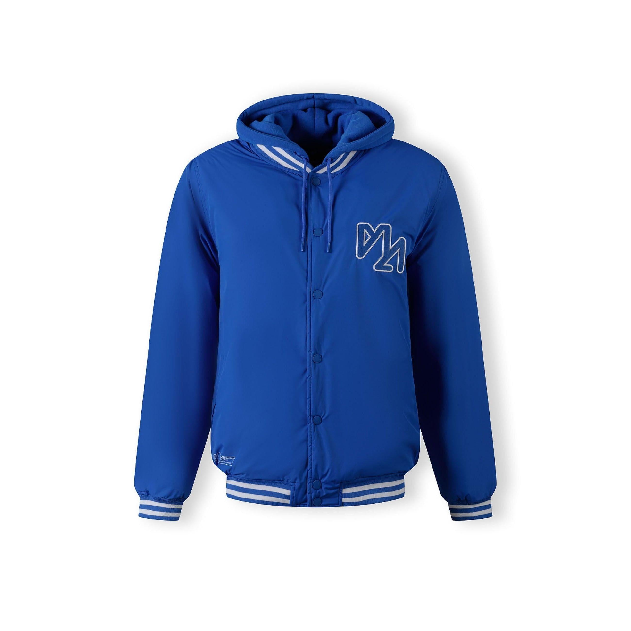 Men's cobalt blue baseball jacket with detachable hood, ribbed cuffs/waistband, and chest embroidery.