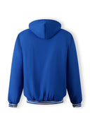 Men's cobalt blue baseball jacket, back view with detachable hood and ribbed cuffs.