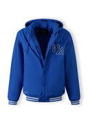 Men's cobalt blue baseball jacket with detachable hood, ribbed cuffs, and chest embroidery.