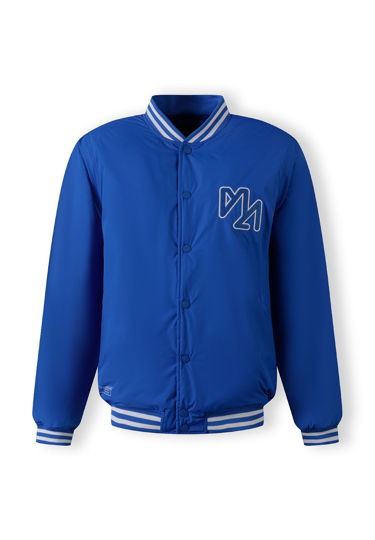 Front of the blue varsity jacket, with the hood removed.