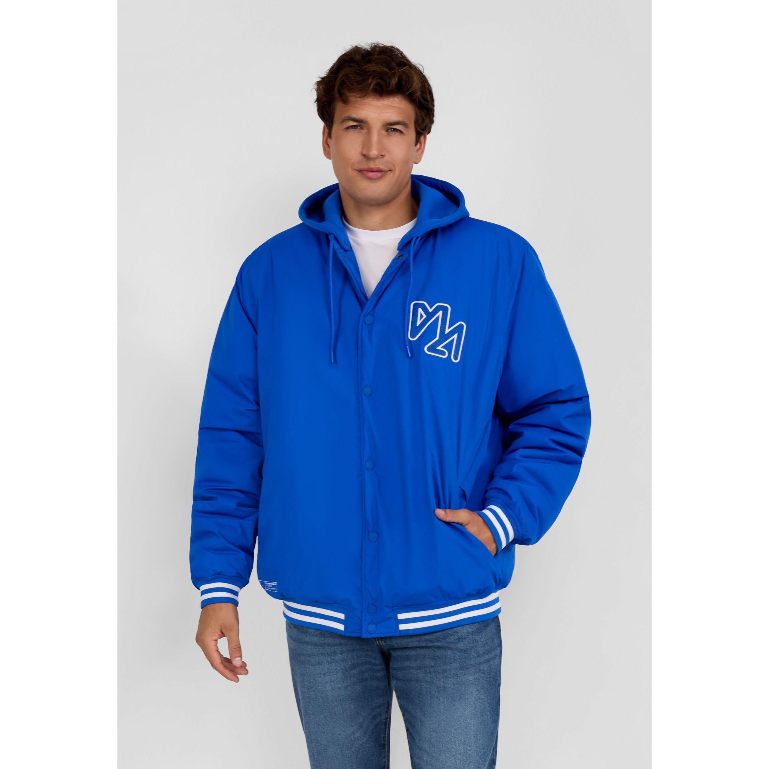 Men's cobalt blue baseball jacket with detachable hood, white chest embroidery, and striped ribbed cuffs/waistband.