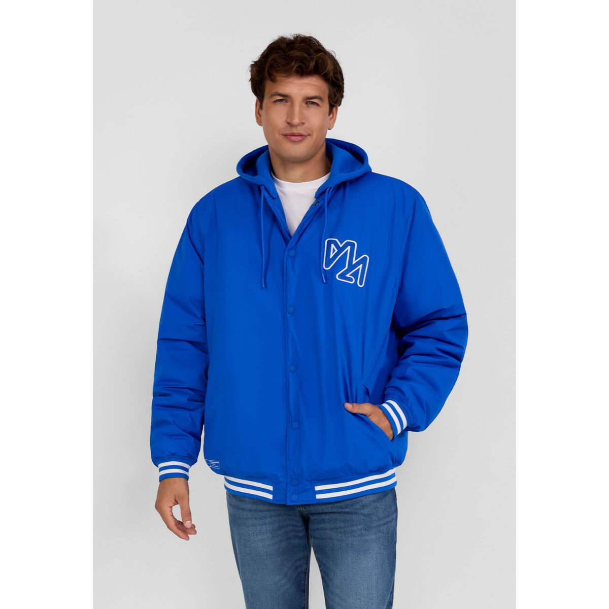 Men's varsity jacket in blue — complete product view for square Shop card