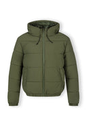 Men's khaki ripstop jacket with high collar and adjustable hood, front view.
