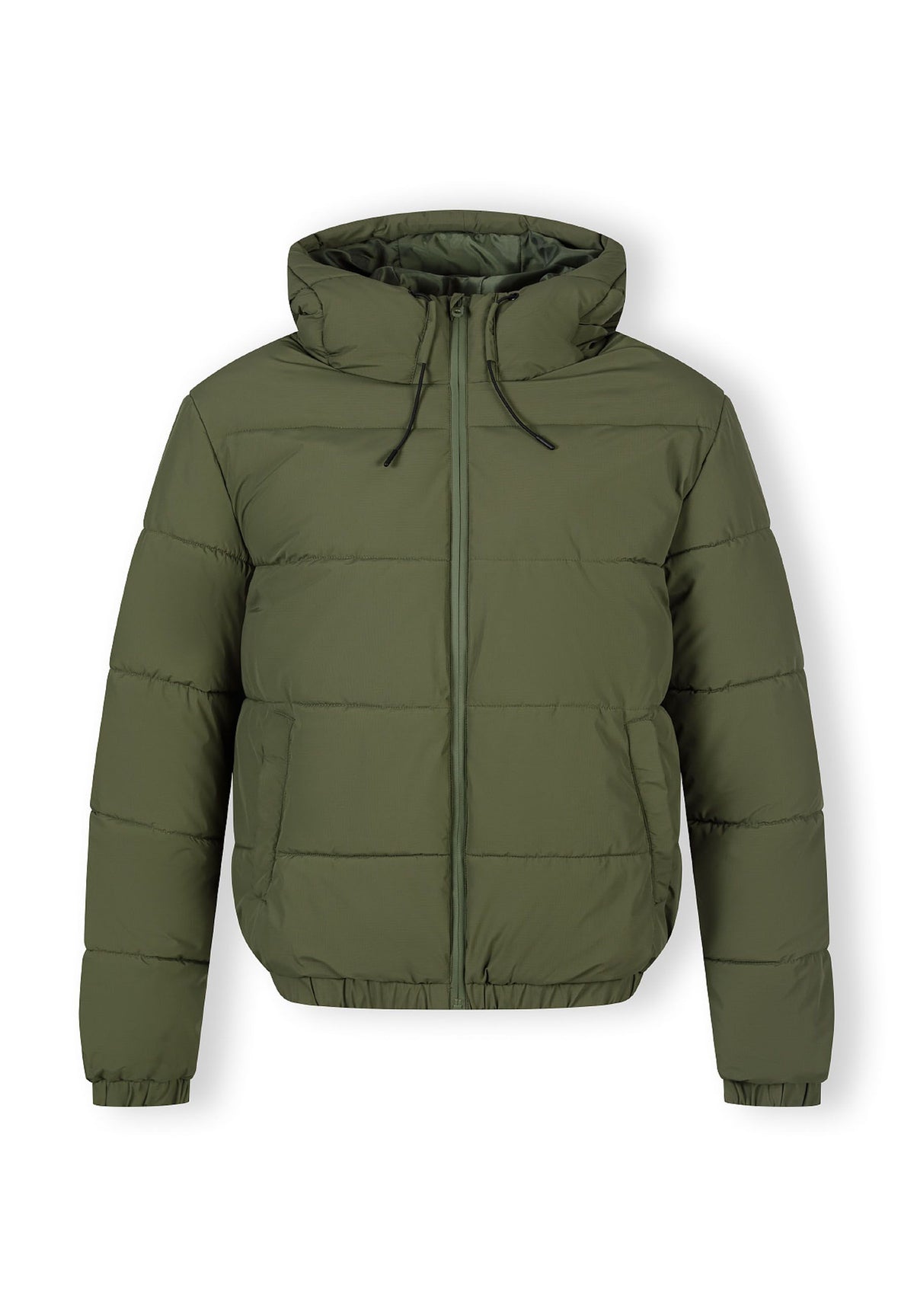 Front of a khaki puffer jacket.