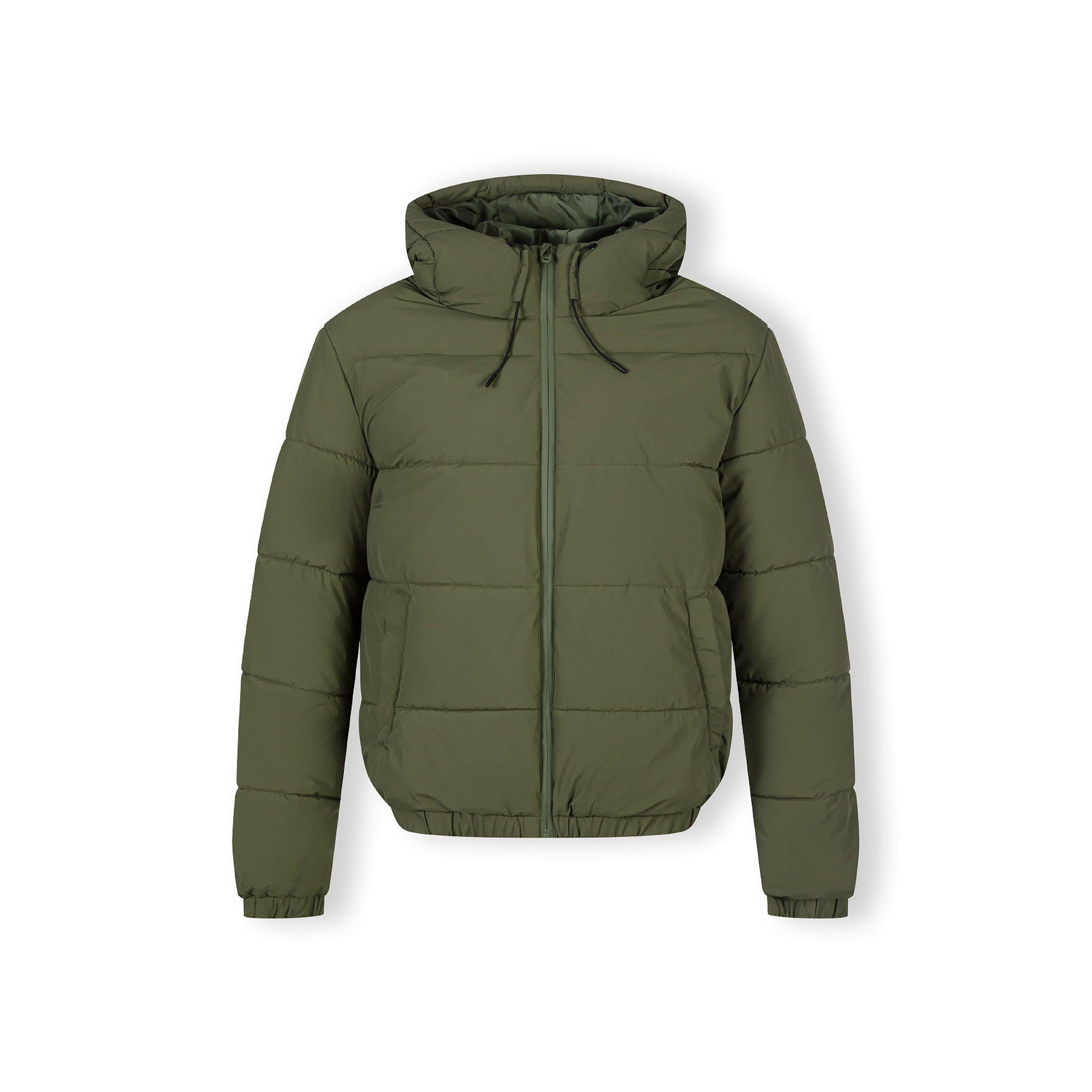 Men's khaki ripstop puffer jacket with high collar, adjustable hood, and concealed zip.