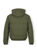 Back view of a khaki men's ripstop jacket with an adjustable hood and elasticated hem.