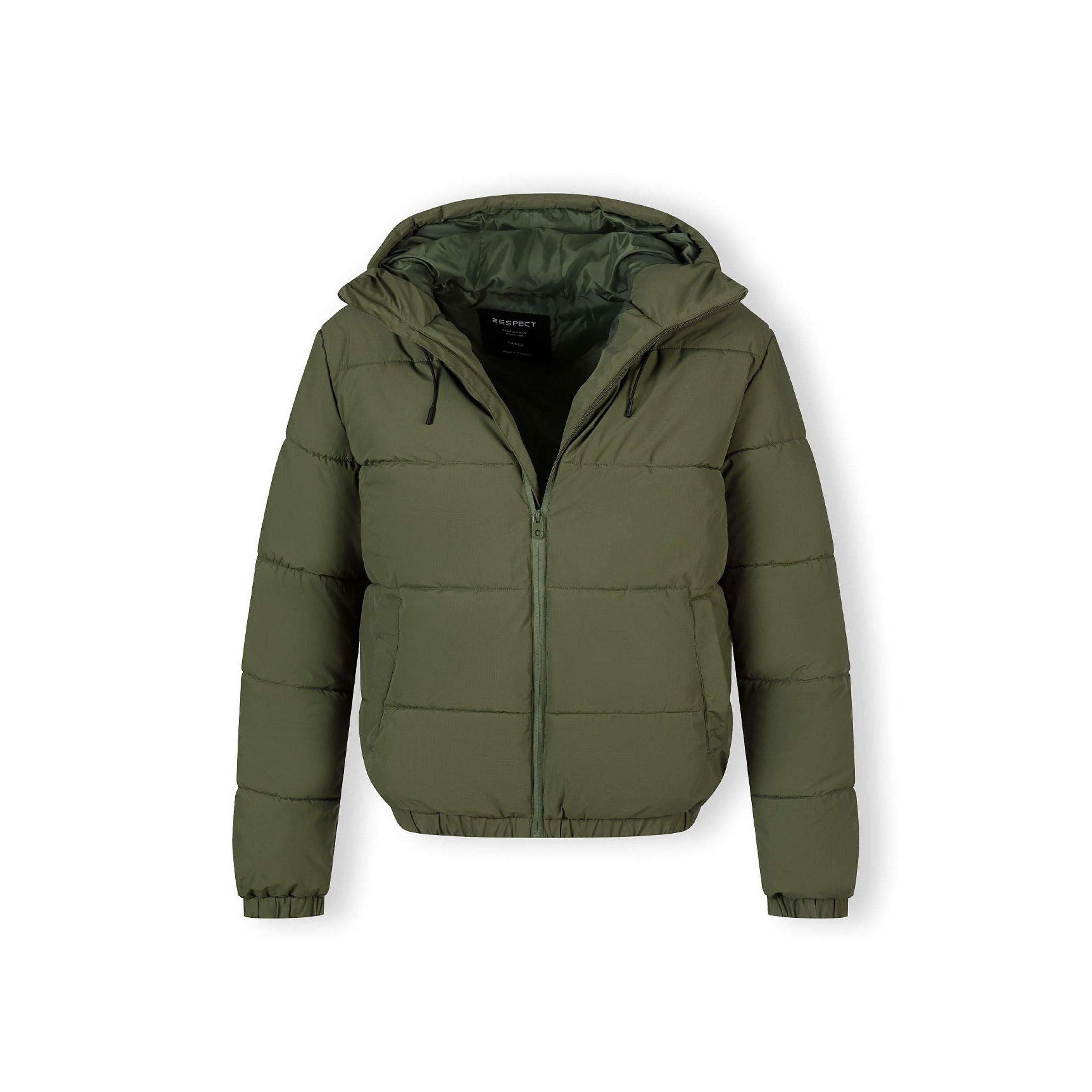 Khaki quilted puffa jacket laid flat showing front view with hood and zip closure on white background