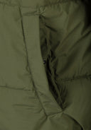 Detail of khaki men's ripstop jacket showing zippered pocket and fabric texture.