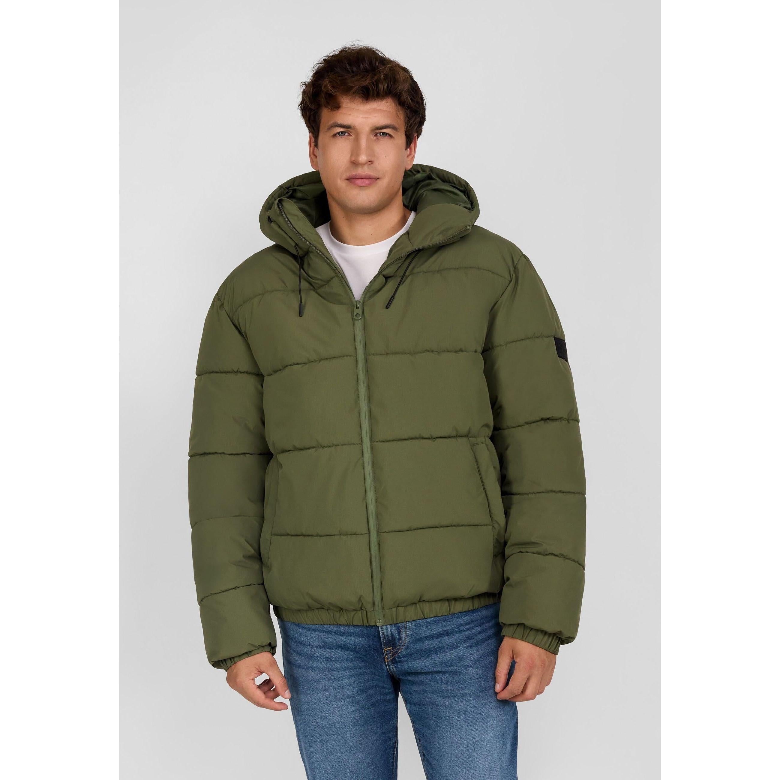 Men's khaki ripstop puffer jacket with high collar, adjustable hood, and subtle sleeve badge.