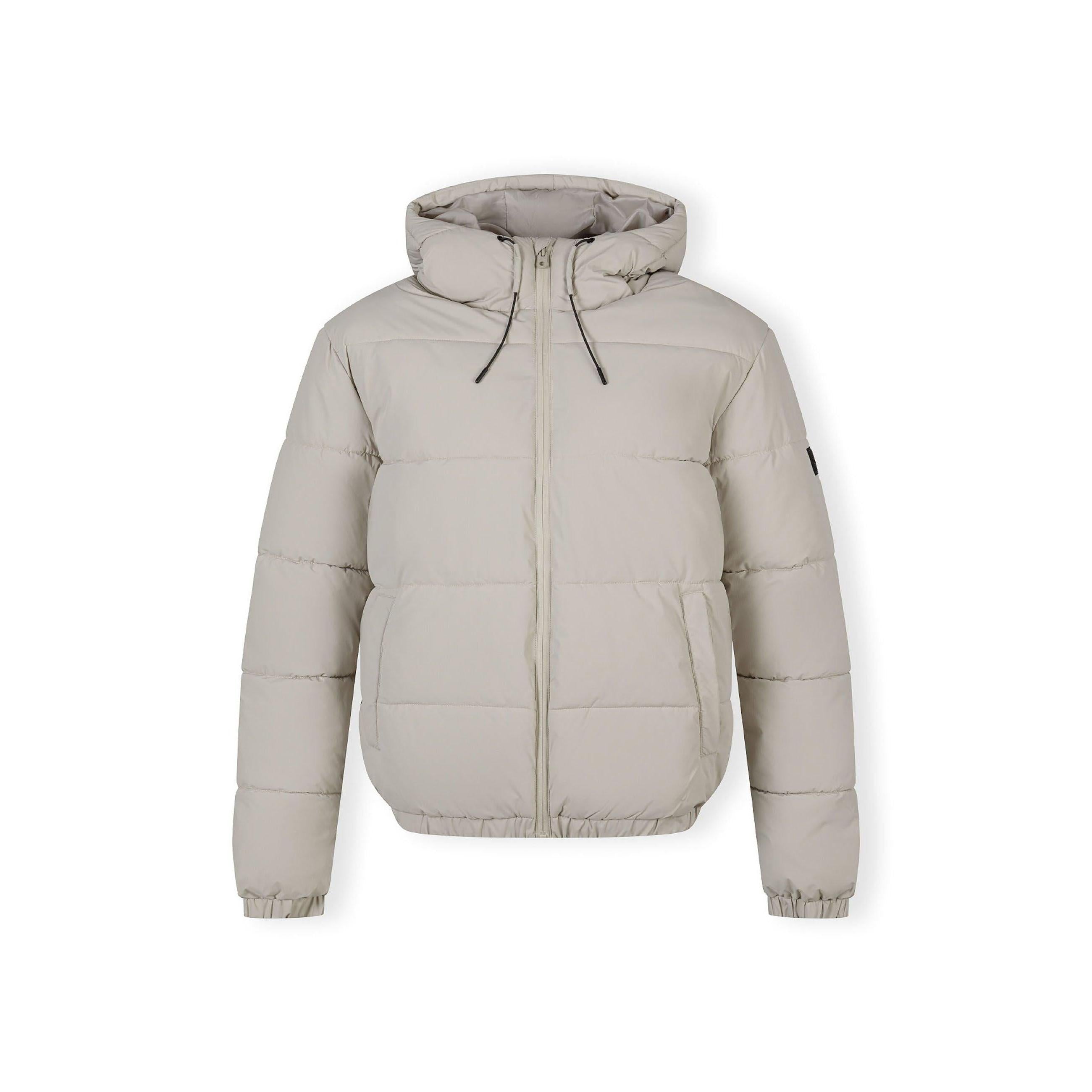 Men's grey ripstop puffer jacket with high collar, hood, elastic cuffs, and zippered pockets.