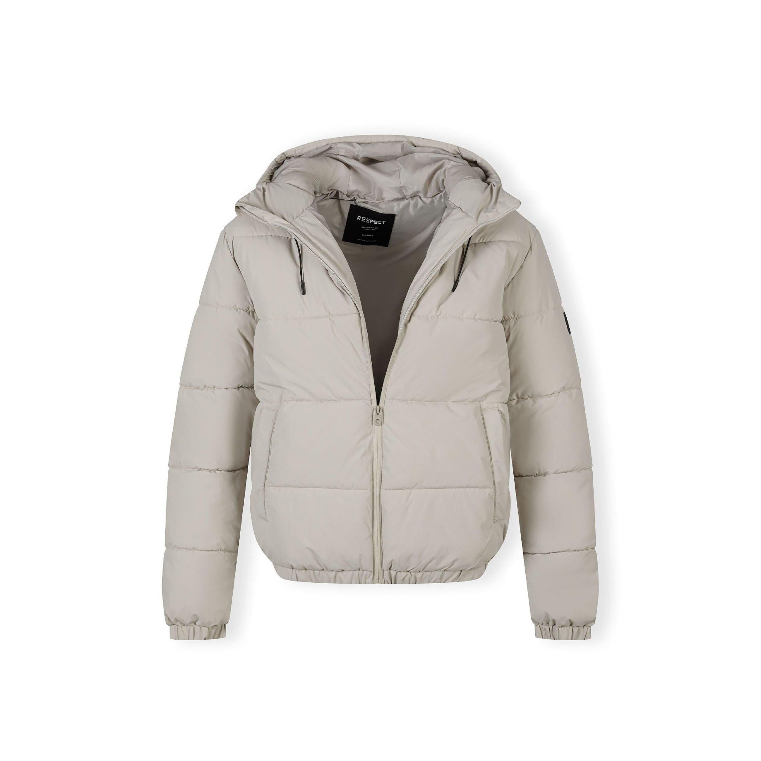 Grey ripstop jacket laid flat showing front view with hood, zip closure, elastic cuffs and quilted padding design on white background