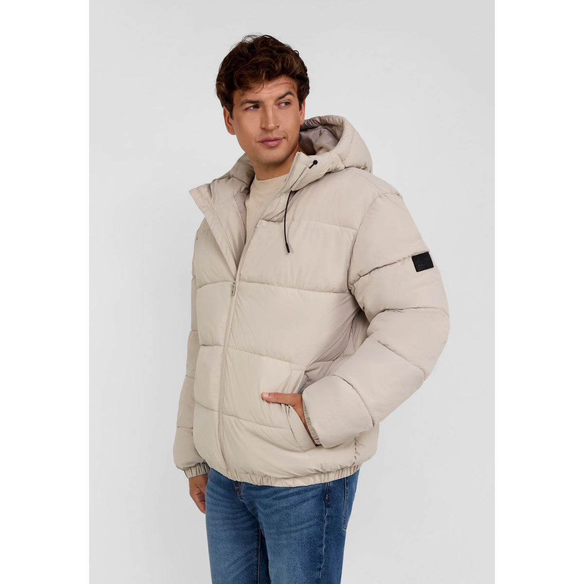 Men's puffer jacket in light beige — complete product view for square Shop card