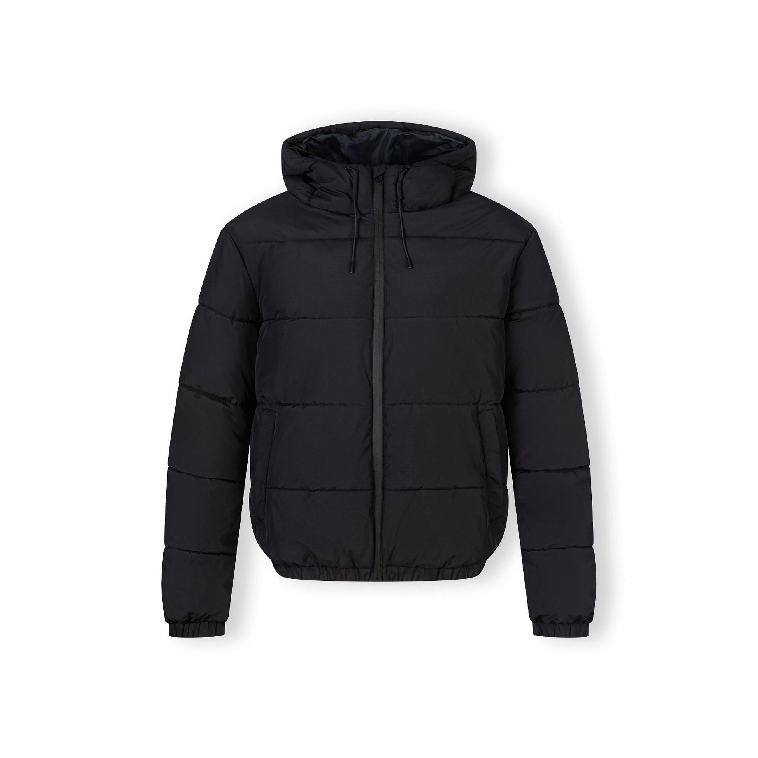 Men's black puffer jacket with a hood, high collar, elastic cuffs, and zippered pockets.