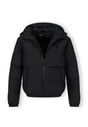 Men's black ripstop jacket with high collar, elastic cuffs, and front zippered pockets.