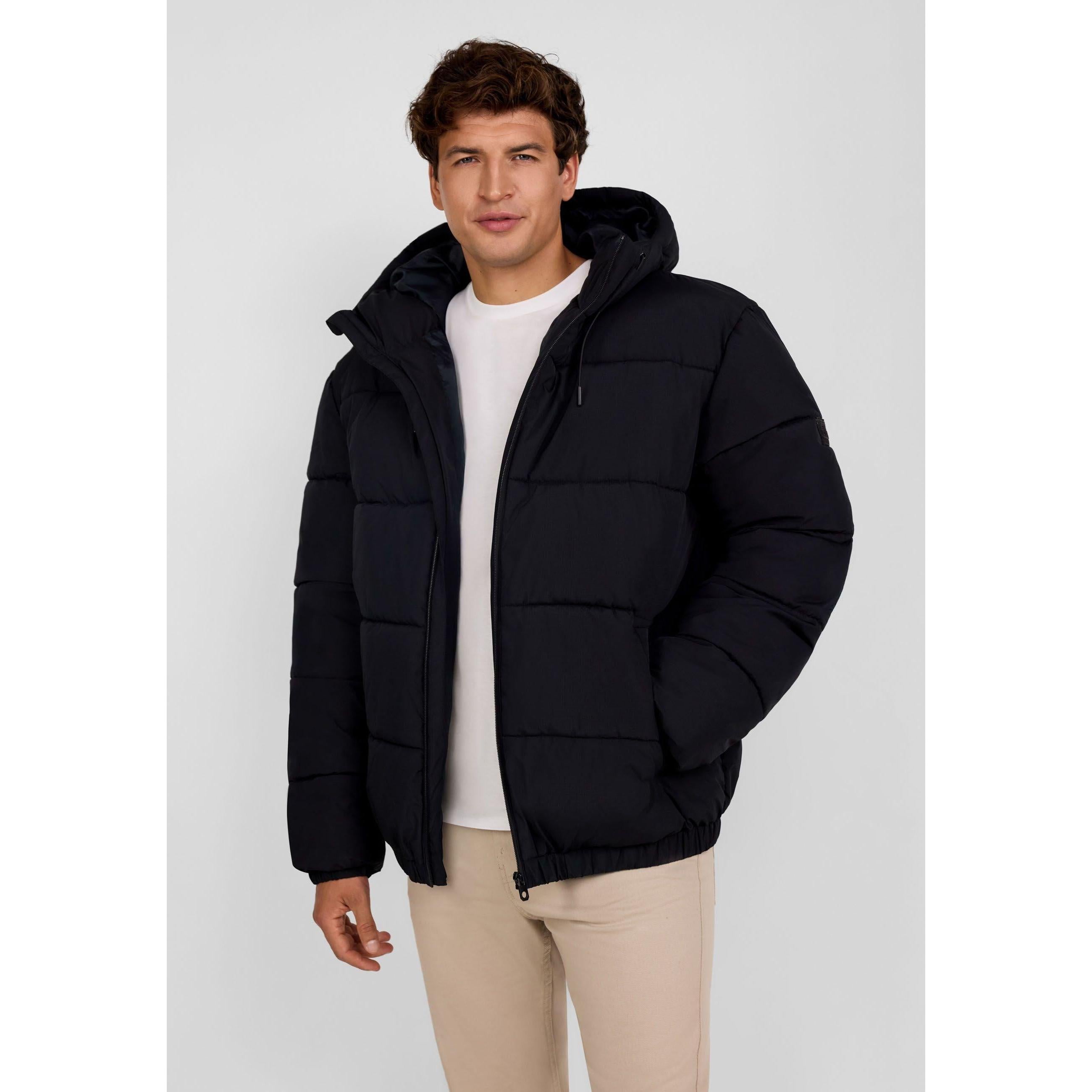 Men's black ripstop puffer jacket with high collar, hood, elastic cuffs, and zippered pockets.