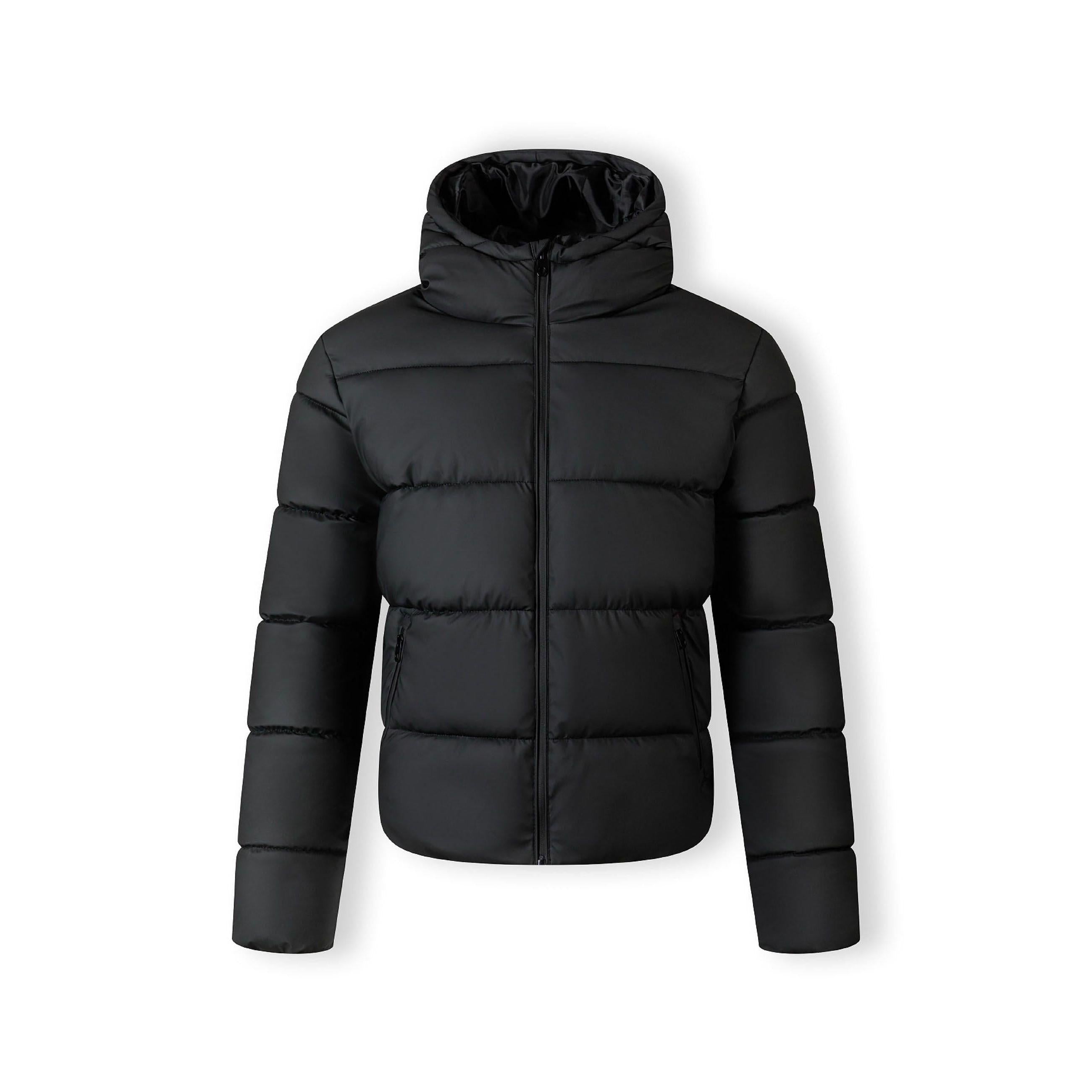 Men's black PU puffer jacket with a high collar, front zip, and zipped side pockets.