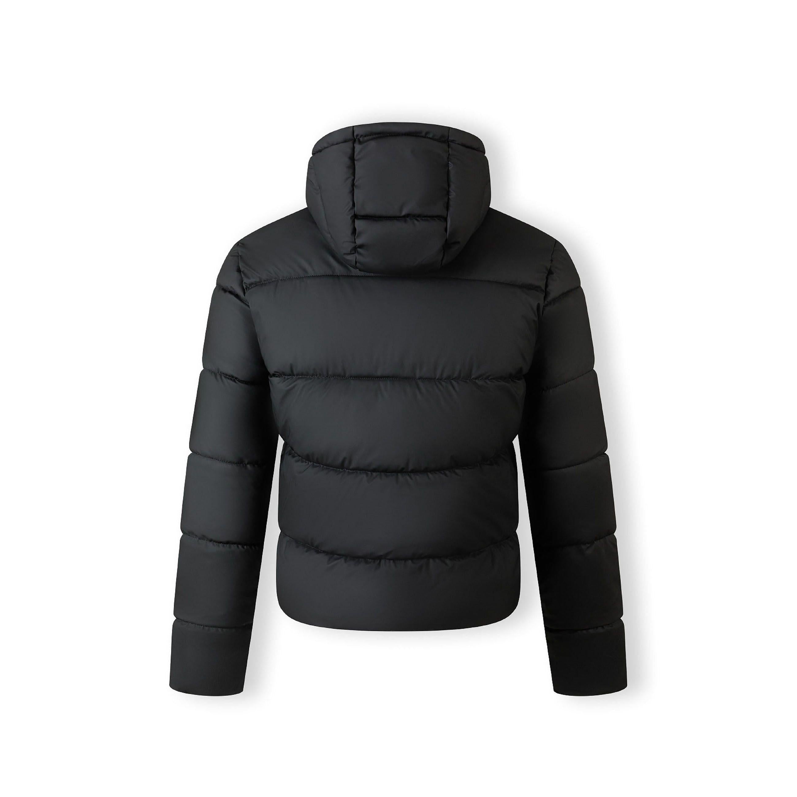 Black quilted PU jacket laid flat showing back view with hood and quilted panel design on white background