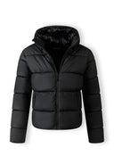 Men's black PU jacket with zip pockets, front view, high collar and padded design.