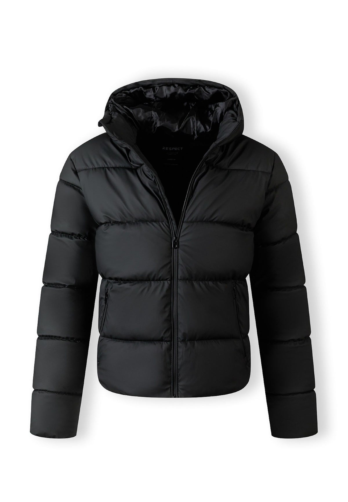 The black puffer jacket shown open to reveal the inside.