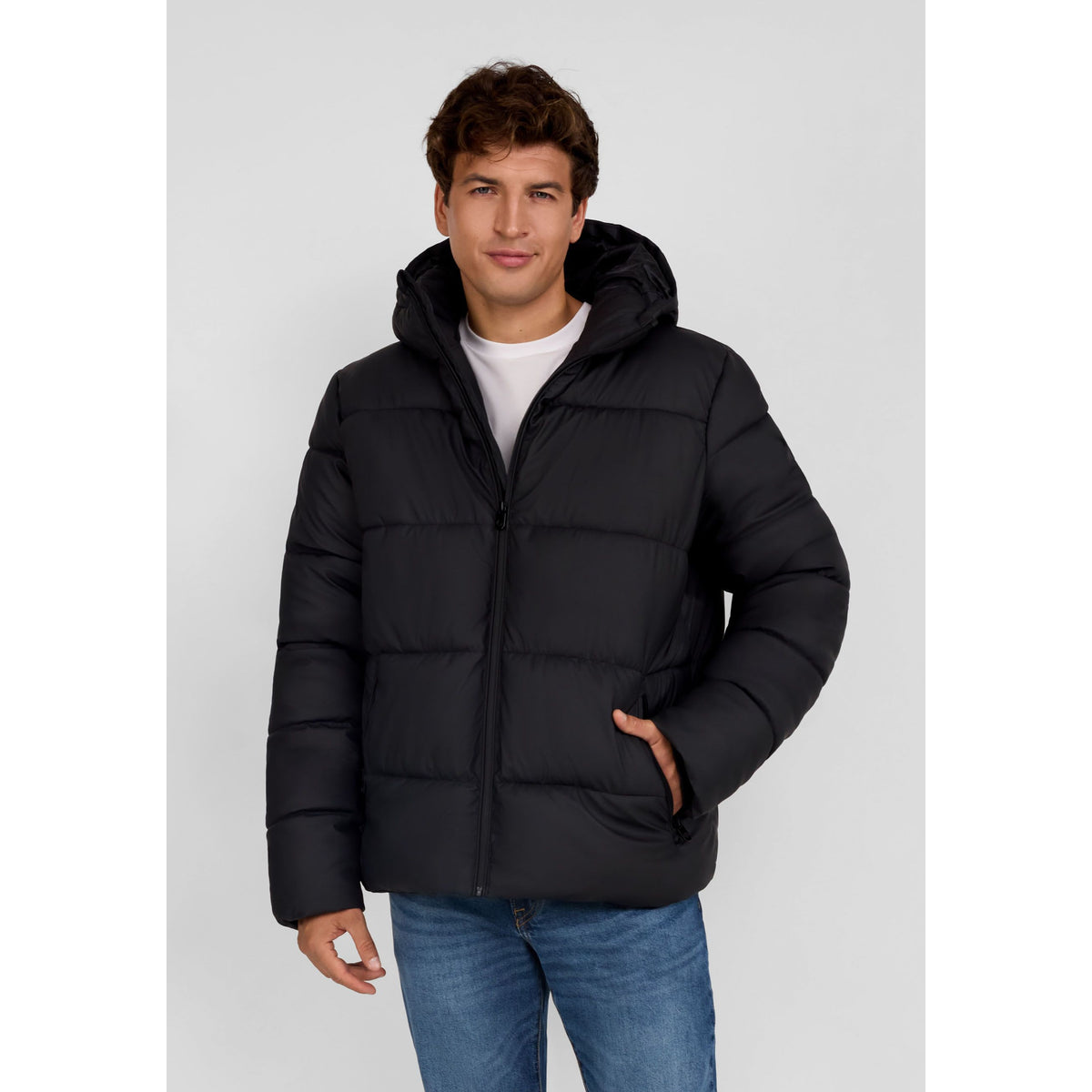 Men's puffer jacket in black — complete product view for square Shop card
