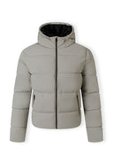 Men's grey PU jacket with hood, zip pockets, and padded structure, front view.