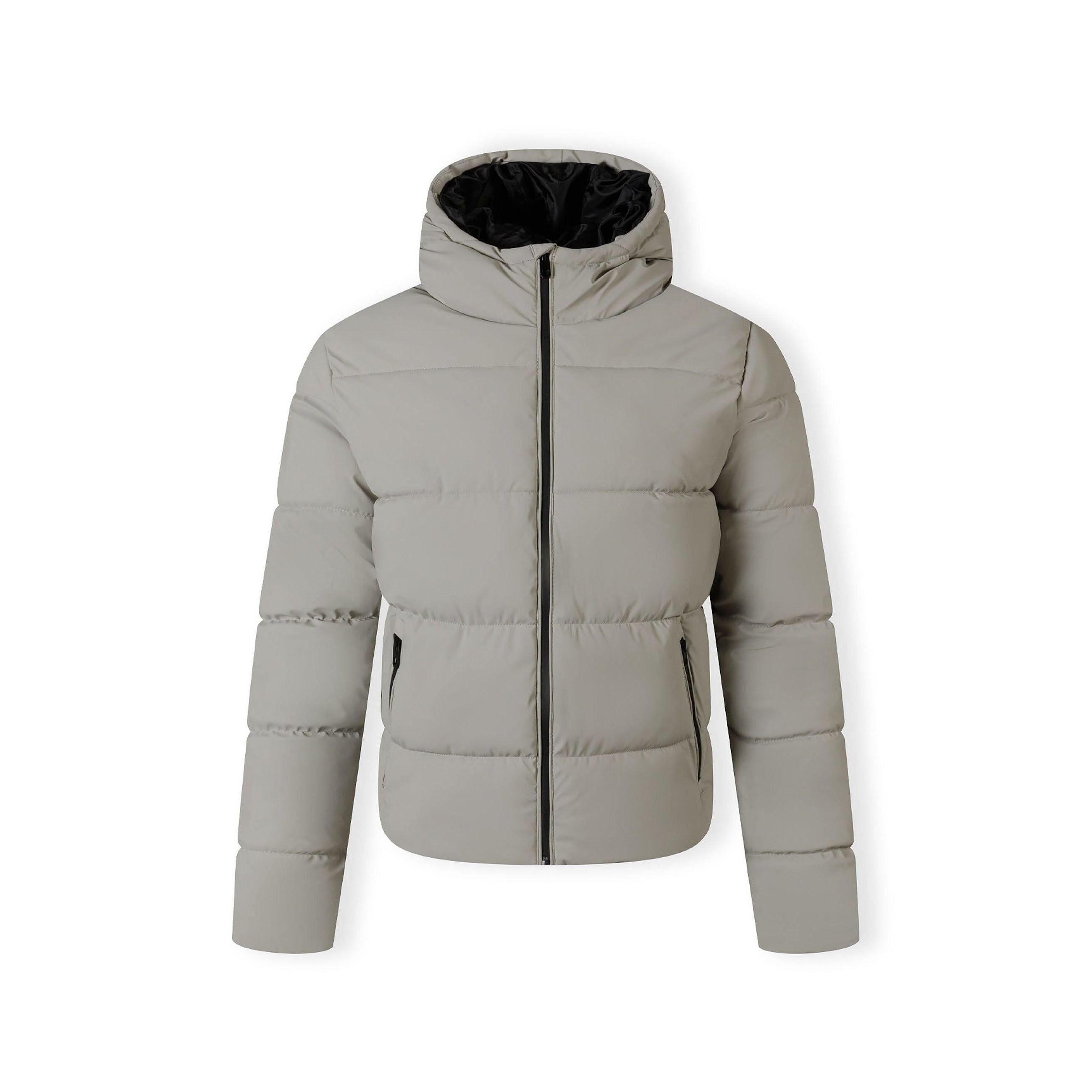 Men's grey PU padded jacket with hood, full zip, and side zip pockets.