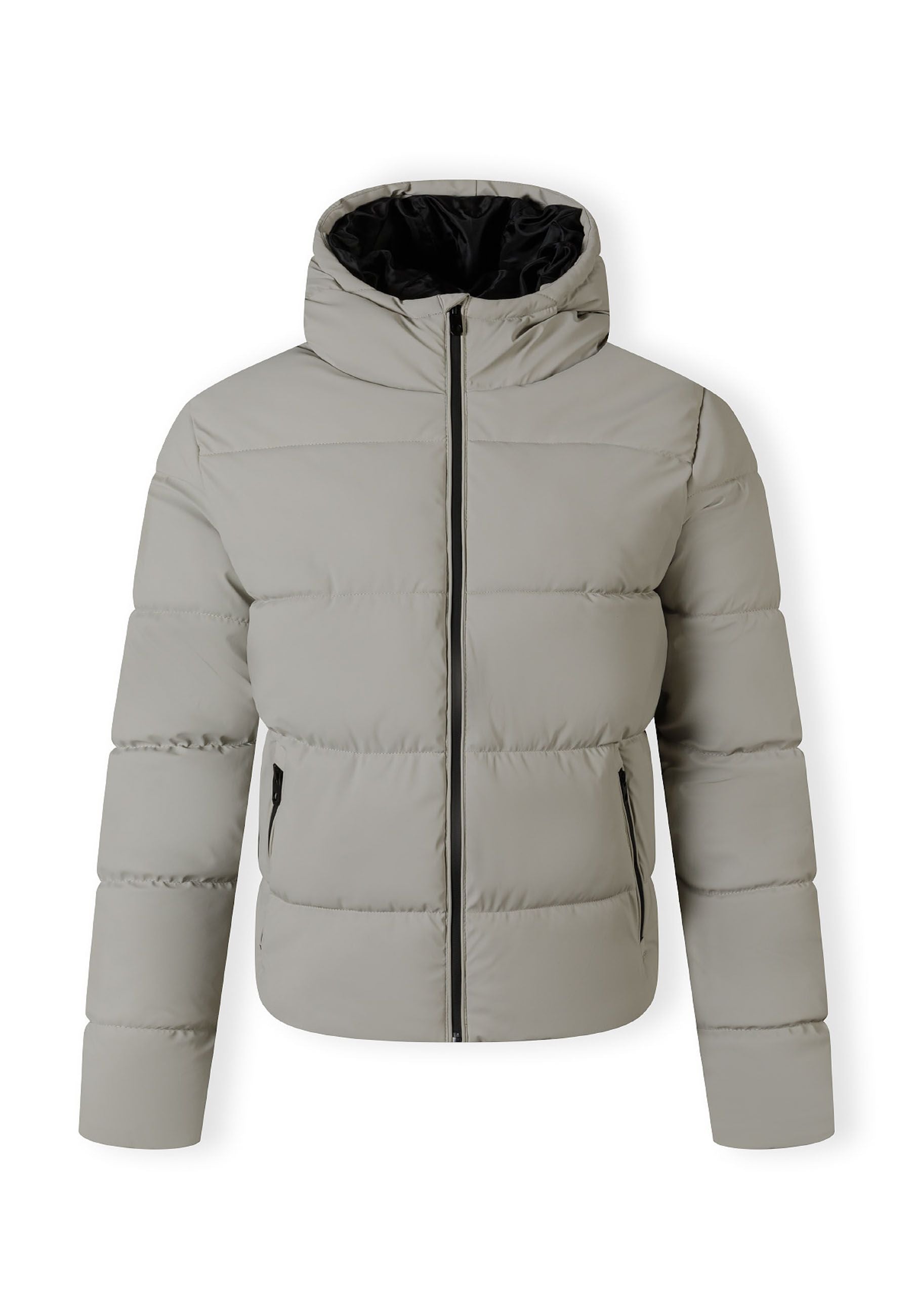 Men's grey PU jacket with hood, zip pockets, and padded structure, front view.