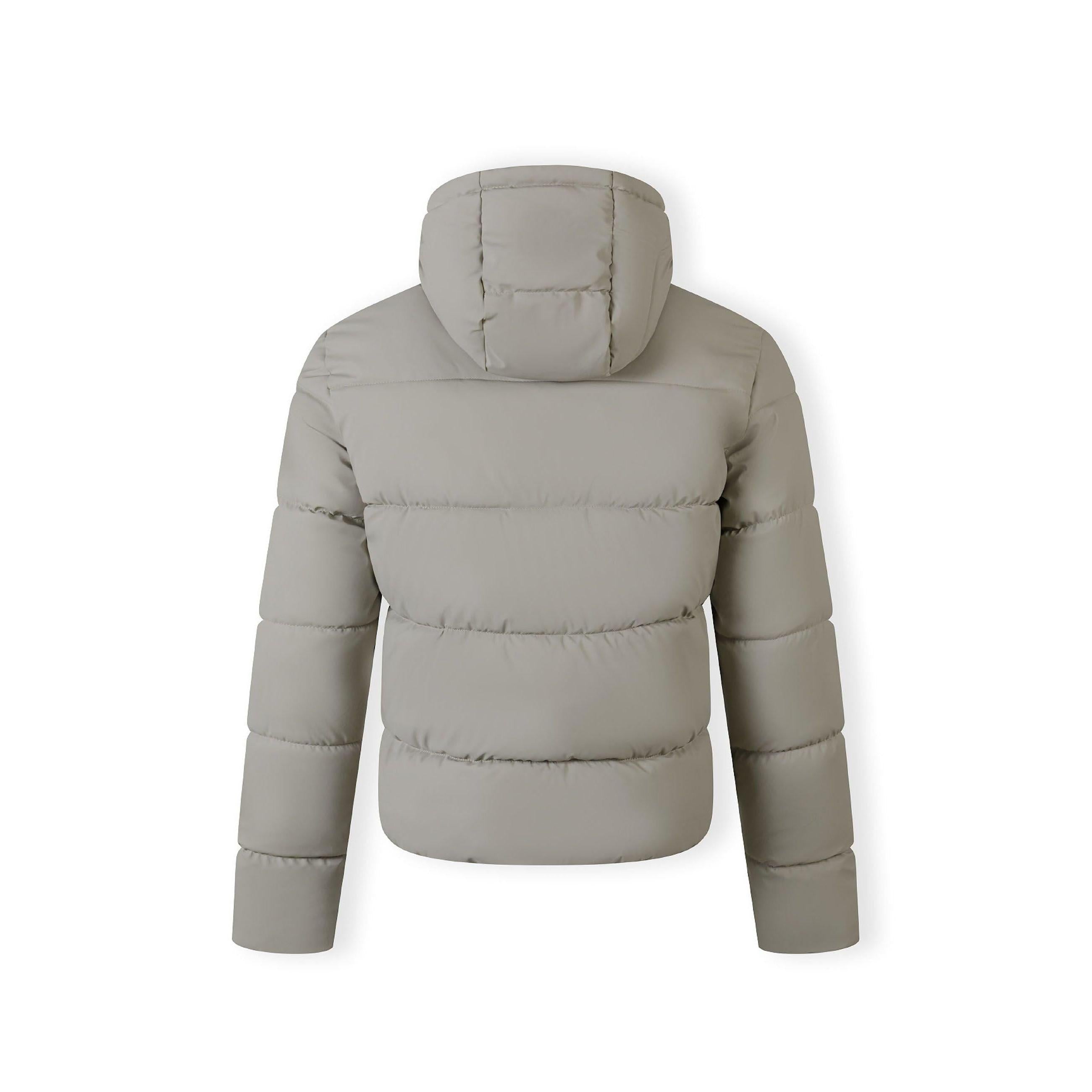 Back view of beige padded jacket showing quilted pattern, hood design and overall fit on plain white background