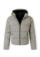 Men's grey PU jacket with hood, zip pockets, and padded structure, front view.