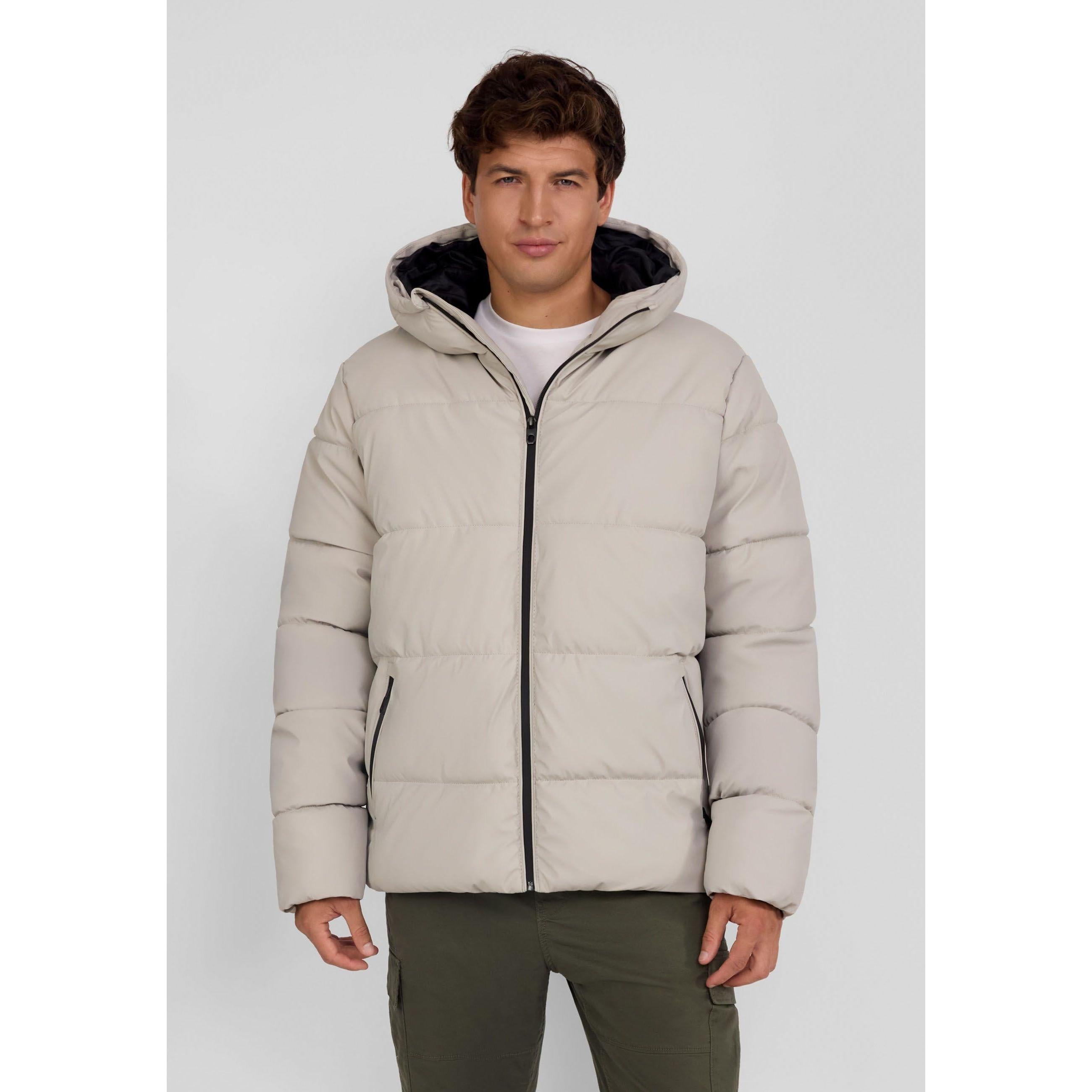 Men's grey padded PU jacket with hood, front zip, and side zip pockets.