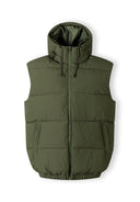 Men's khaki padded gilet with hood, full zip, and two side pockets.