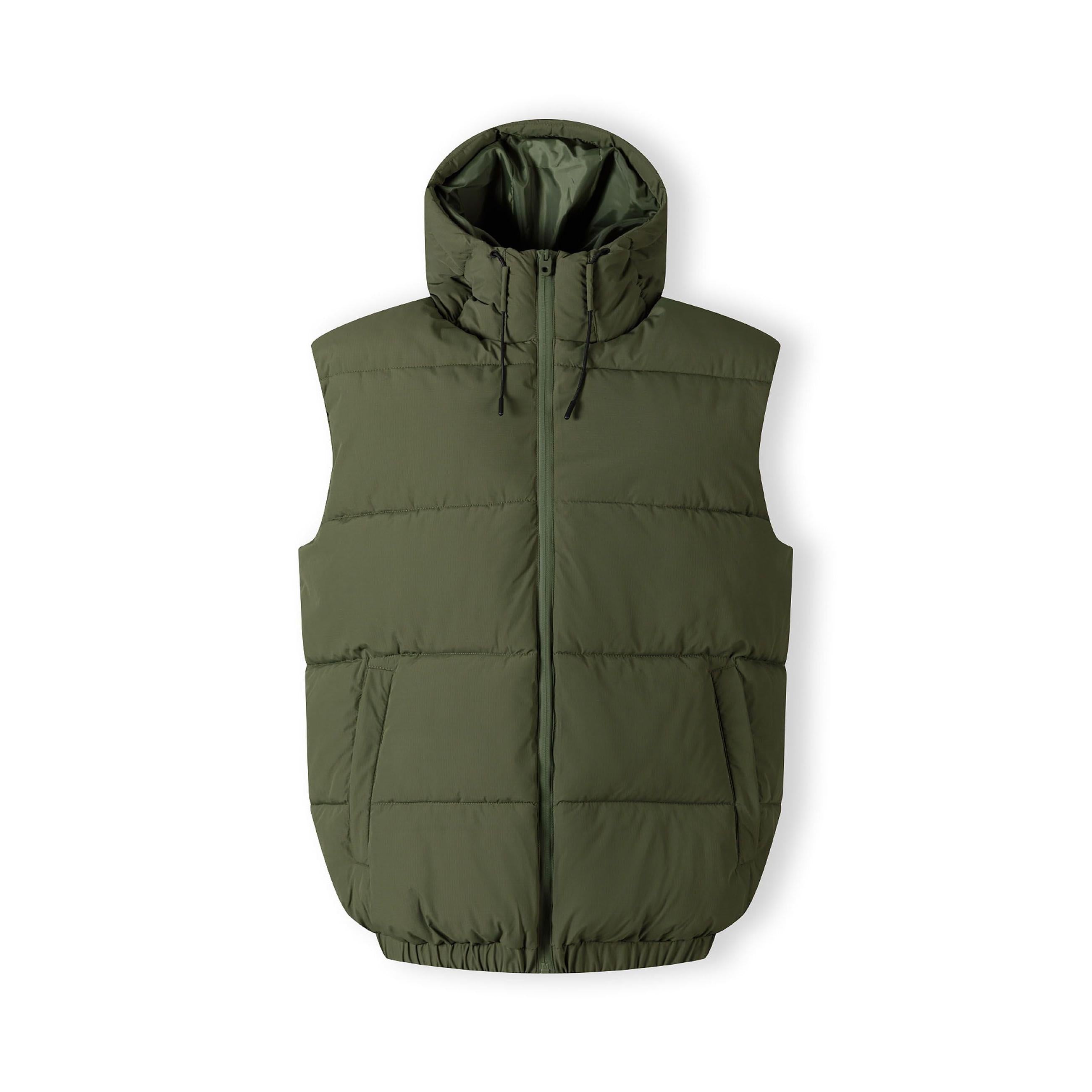 Men's khaki ripstop padded gilet with fixed hood, full zip, horizontal quilting, and side pockets.