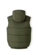 Back view of a khaki padded gilet with a fixed hood and horizontal quilting.