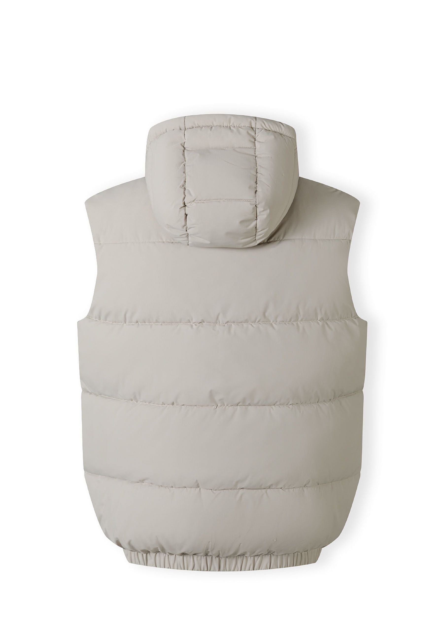 Men's grey padded gilet with hood, back view, featuring horizontal quilting and elasticated hem.