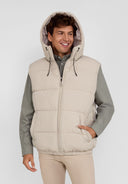 Men's padded gilet in light grey, front view with hood and zip, featuring side pockets.