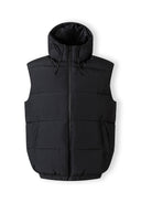 Men's black padded gilet with hood, full zip, and two side pockets.