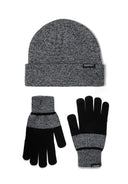 Grey knit hat and gloves set with logo badge, front view.