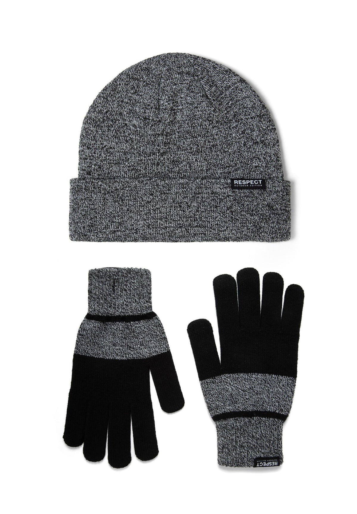 Grey marl and black hat and gloves set, complete hat and gloves set.