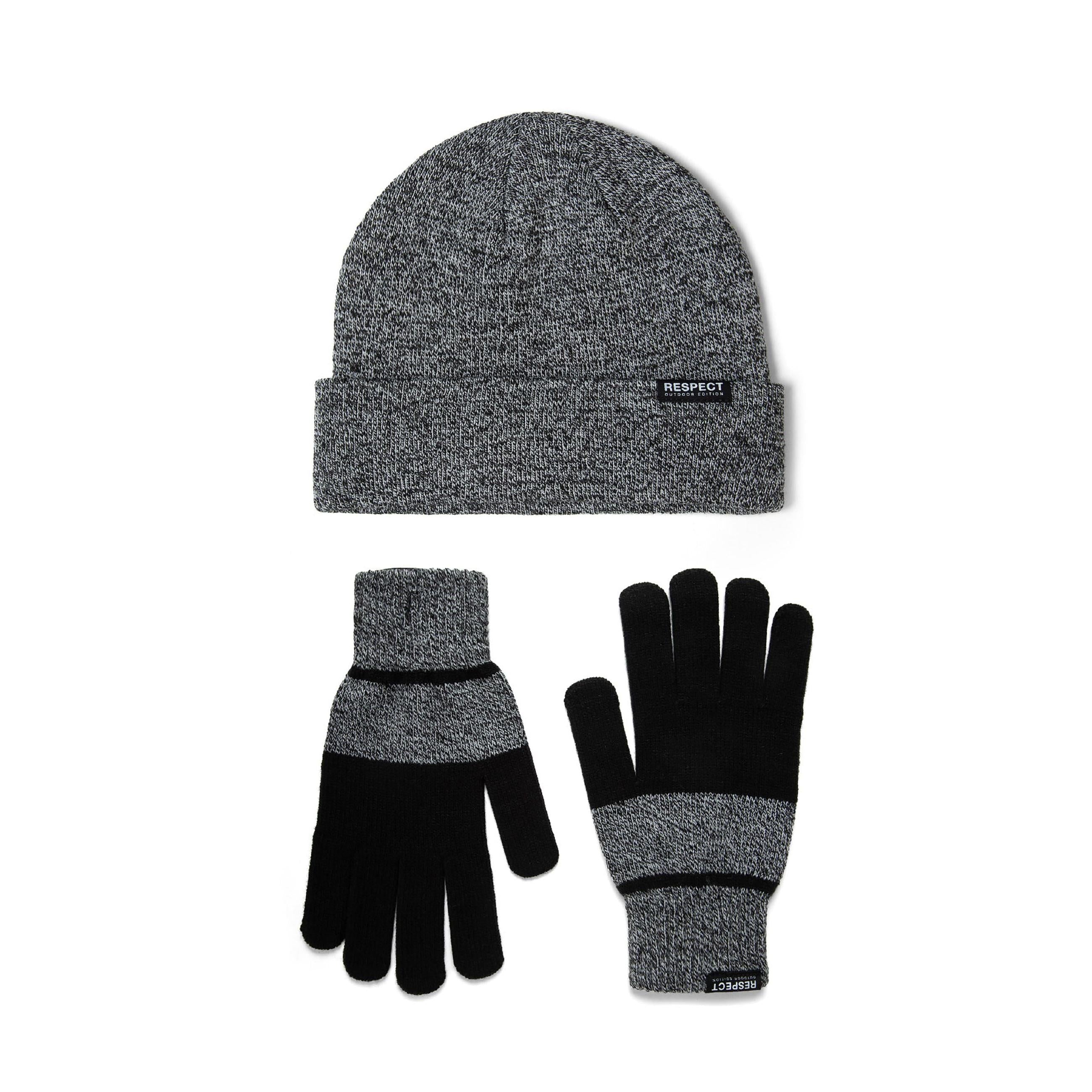 Men's grey knit beanie with "RESPECT" badge and matching black and grey gloves.