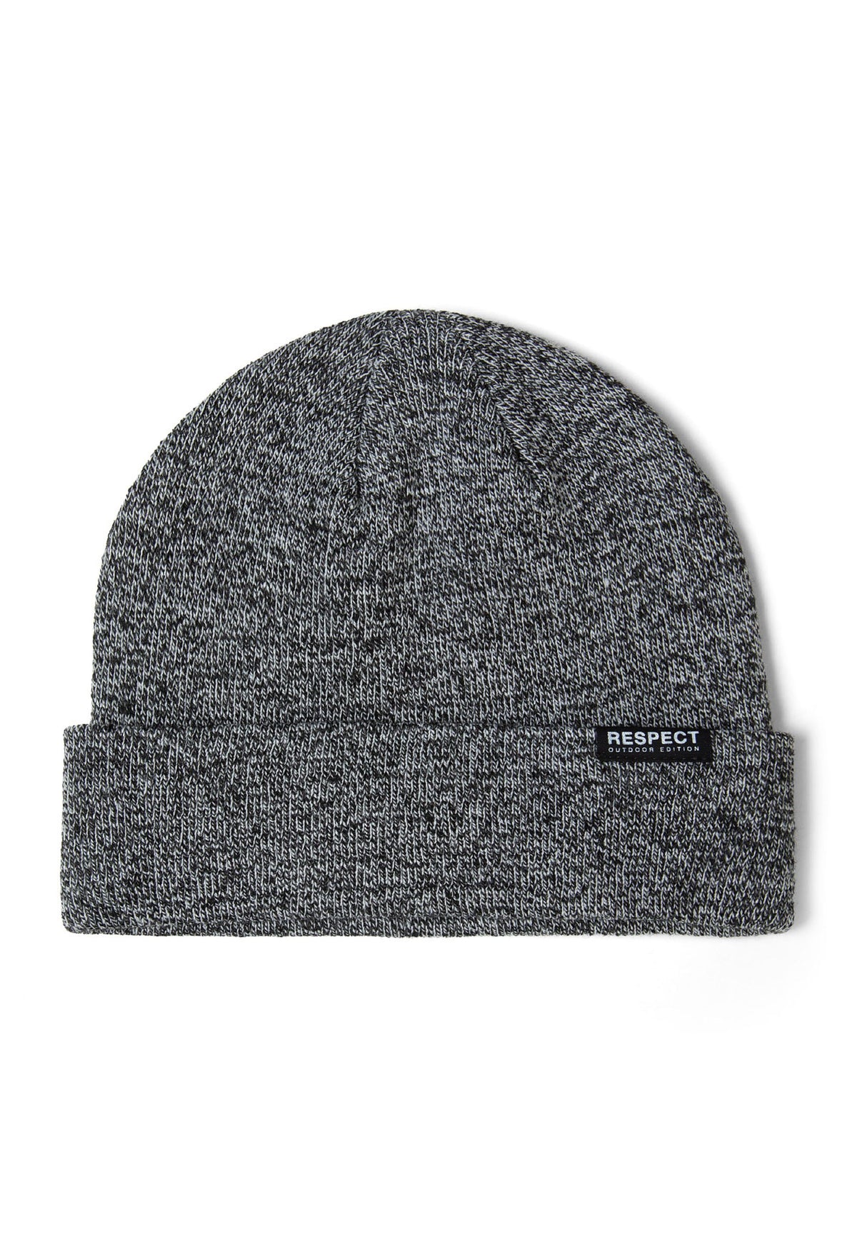 Grey marl and black hat and gloves set, beanie front.