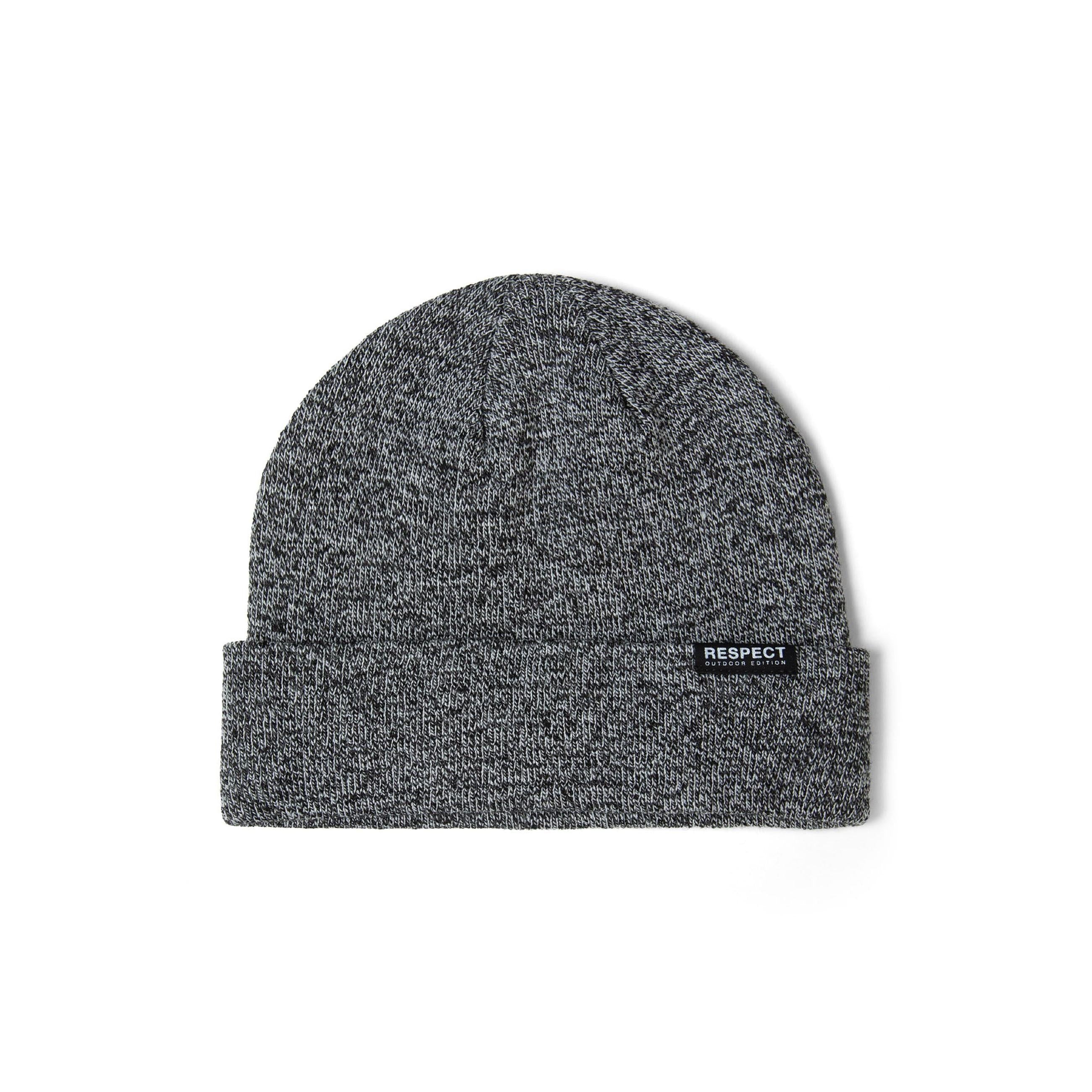 Men's grey marl knit beanie hat with a fold-up hem and a "RESPECT" logo badge.