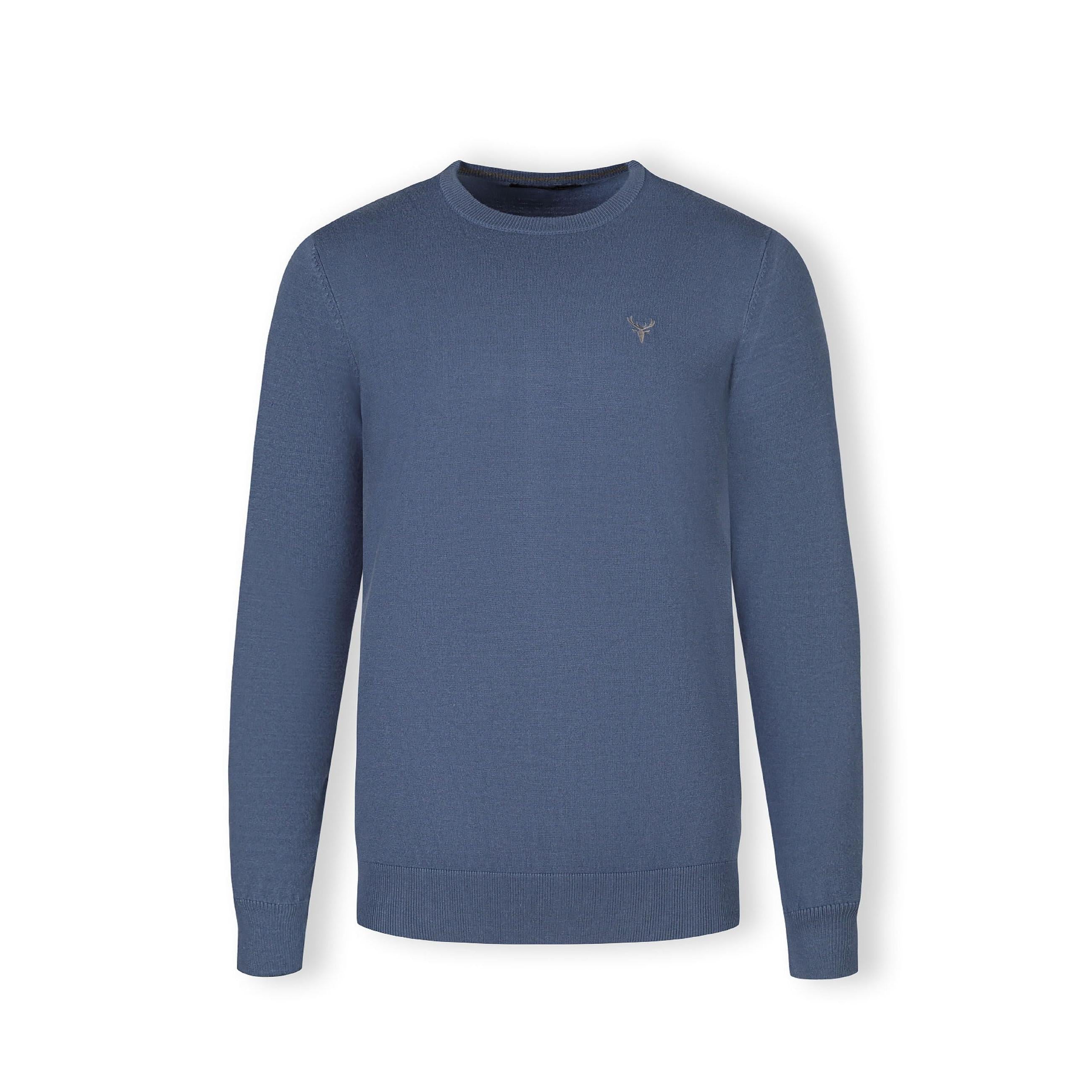 Men's blue fine knit jumper with chest embroidery, ribbed trims, and crew neckline.