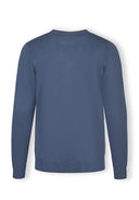 Back view of a blue fine knit jumper with ribbed trims.
