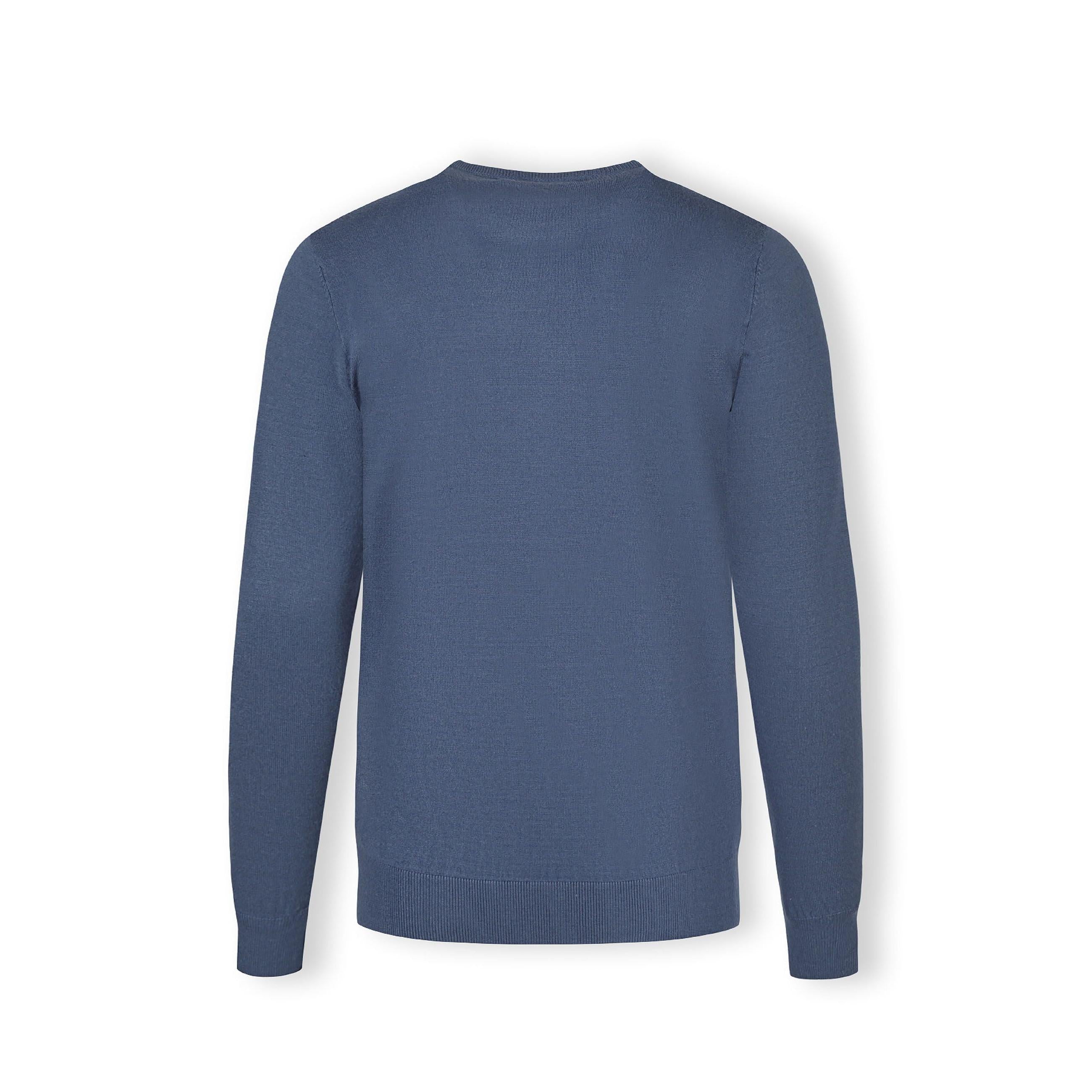 Blue fine knit jumper back view showing plain design and ribbed hem construction on white background