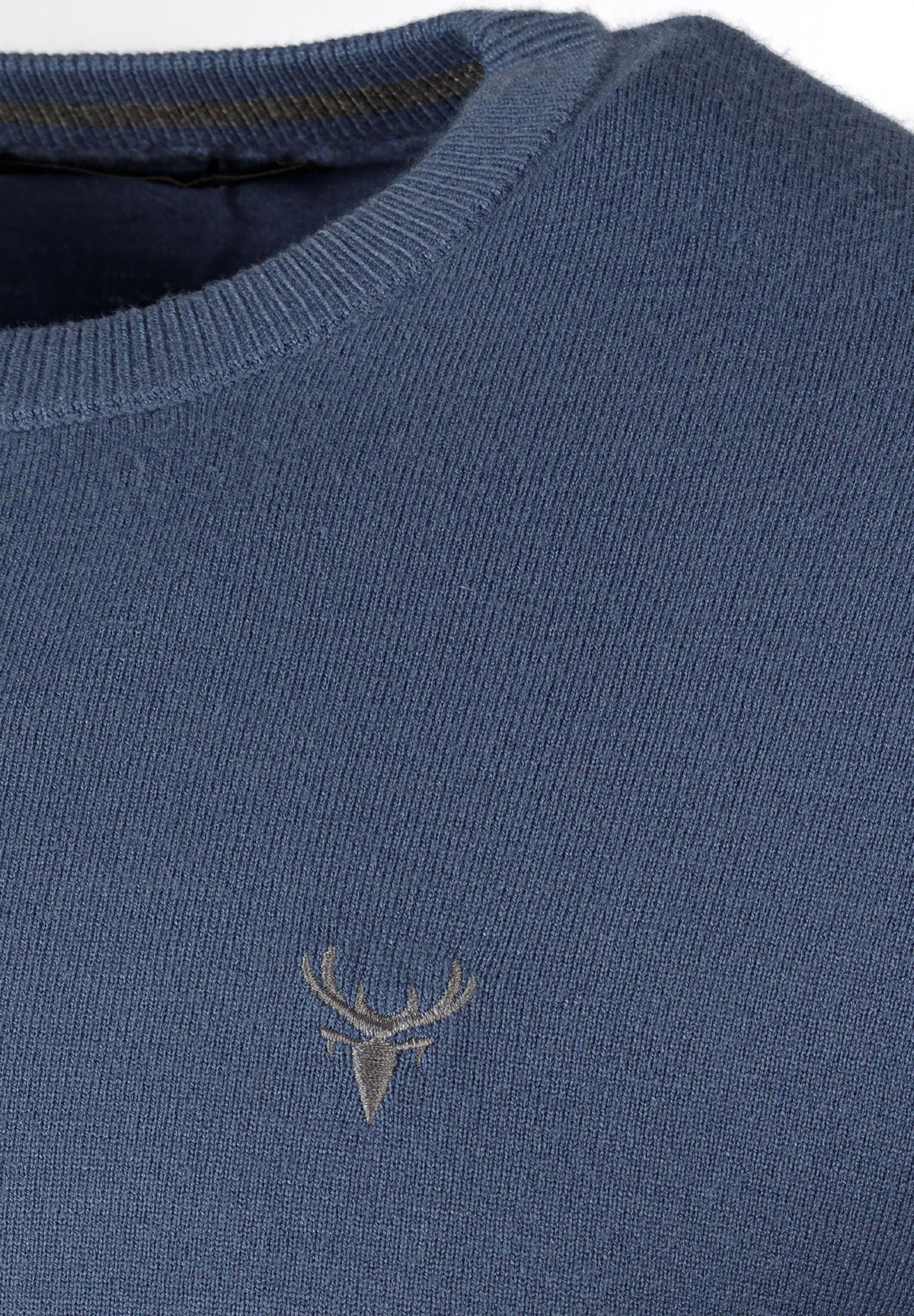Blue crew neck jumper, embroidered chest detail.
