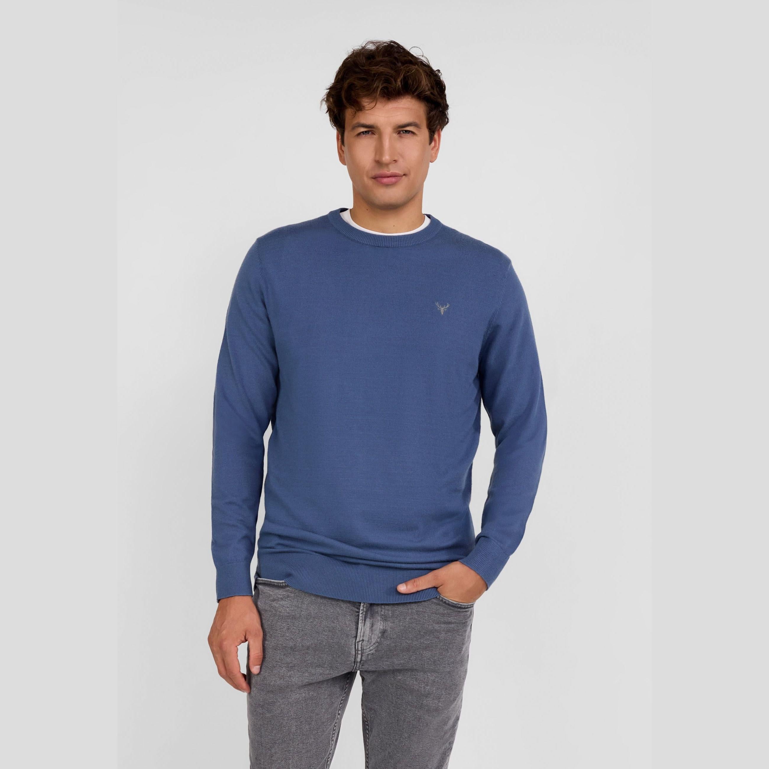 Men's blue fine knit jumper with chest embroidery, ribbed trims, and regular fit.