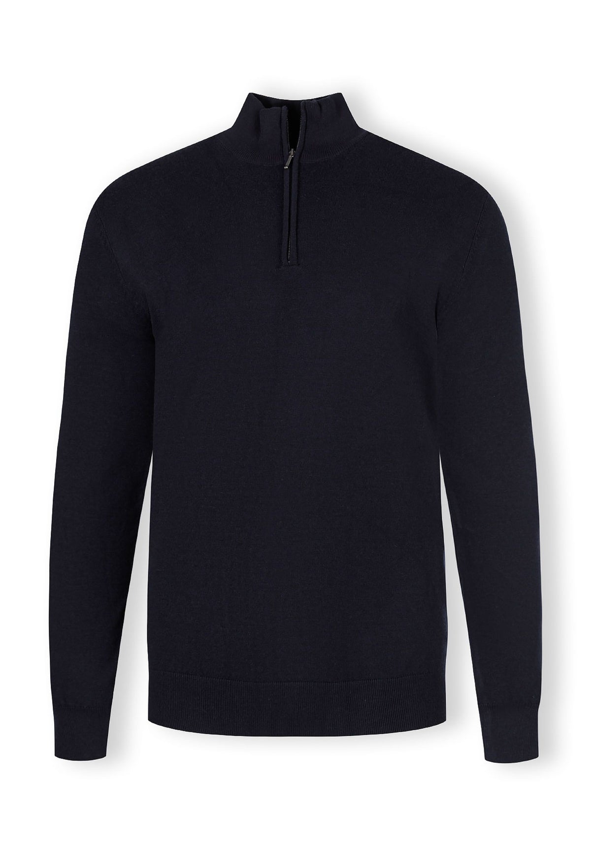 Navy quarter zip jumper, front.