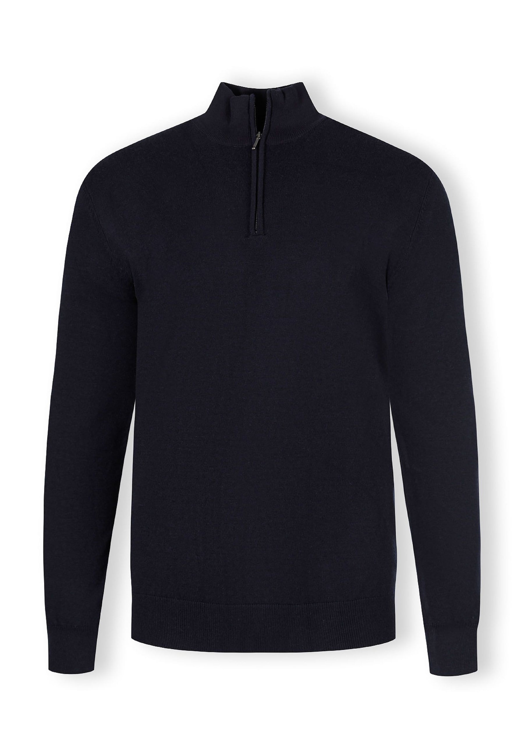 Men's half zip jumper in navy with a high collar and ribbed cuffs.