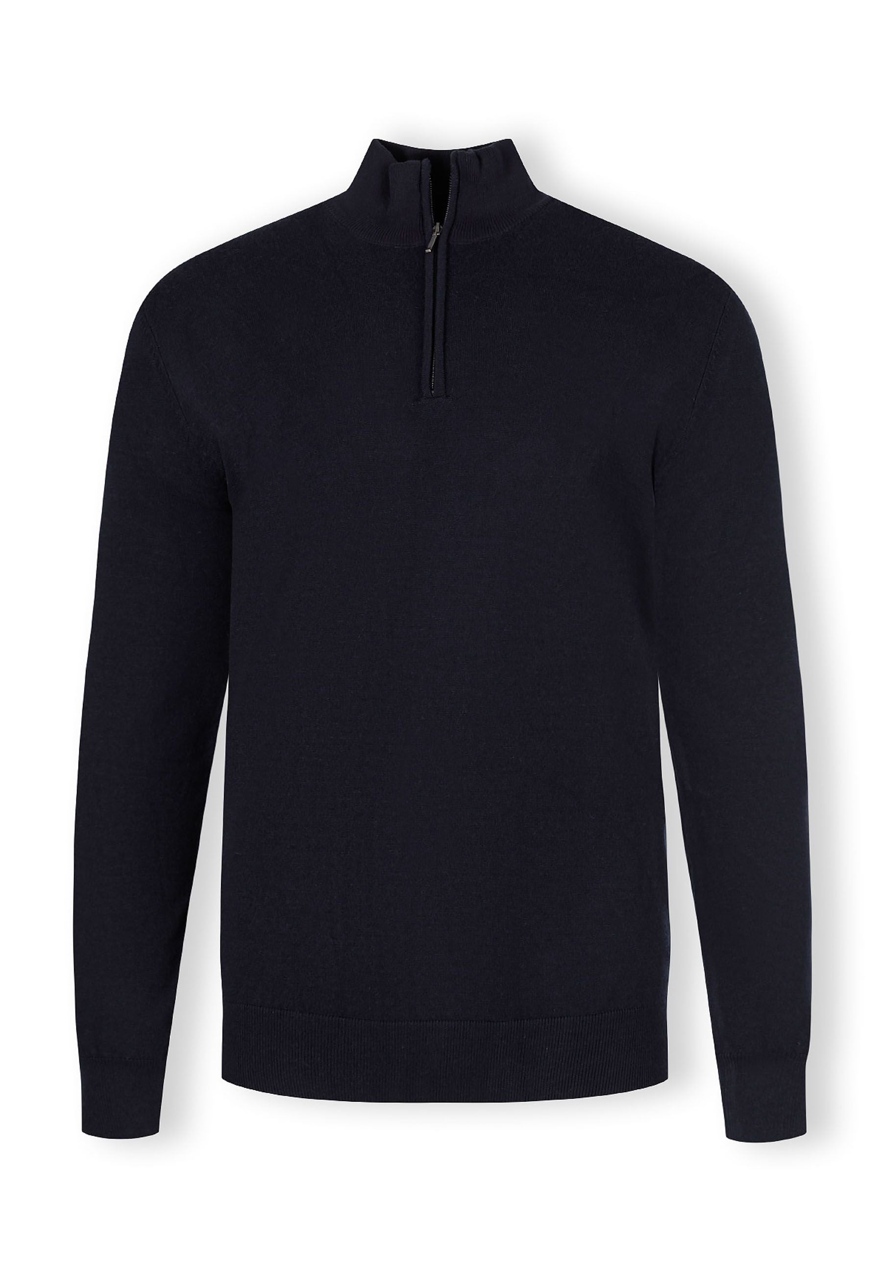 Men's half zip jumper in navy with a high collar and ribbed cuffs.